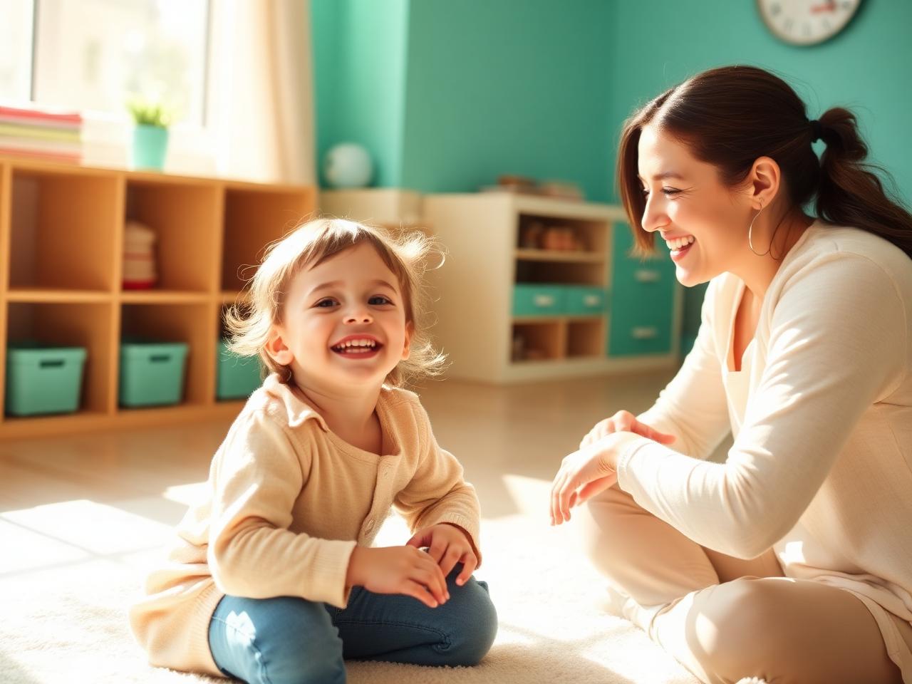 Happy child laughing during occupational therapy with a friendly therapist