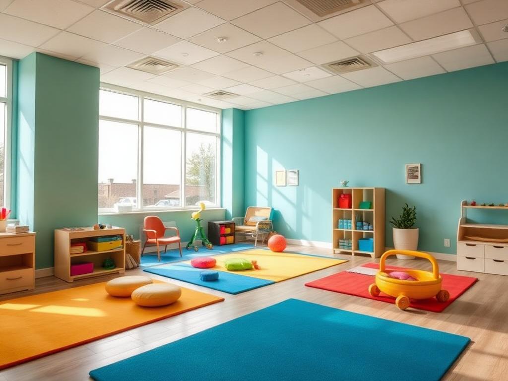 Bright child therapy room with colorful play mats and sensory equipment