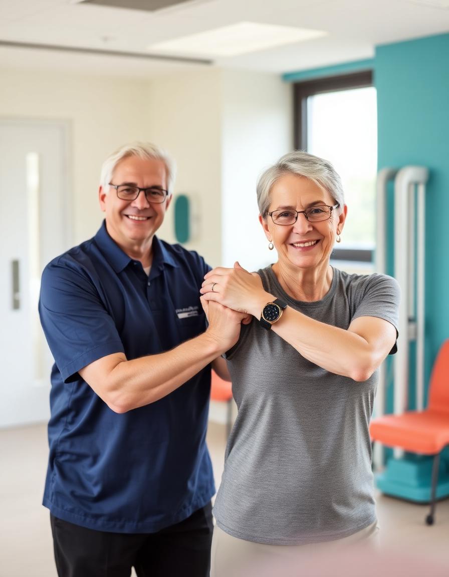 Physiotherapist guiding an adult patient through a shoulder mobility exercise