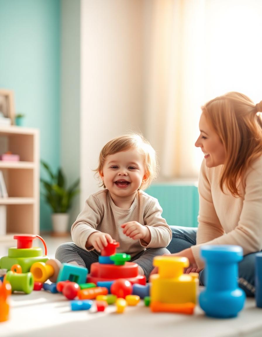 Smiling child during play-based therapy session with a friendly therapist